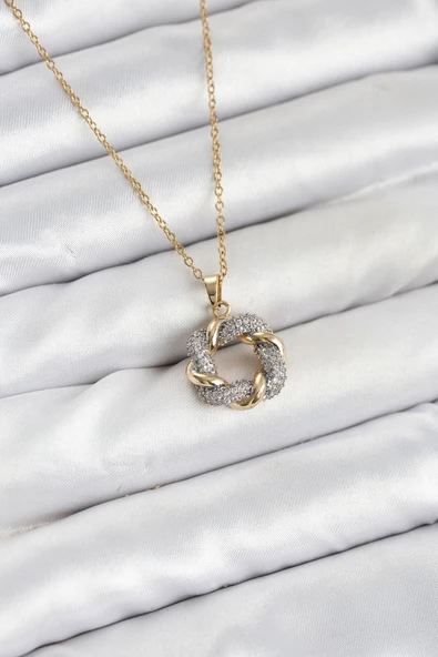 316L Çelik Zincir Gold Renk Zirkon Taşlı Sarmal Model Kadın Kolye - TJ-BKO10612 ürün görseli 1