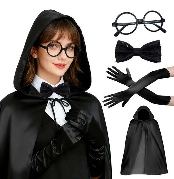 Siyah Kapüşonlu Büyücü ve Cadı Pelerin Kostüm Seti (4 Parça) ürün görseli 1