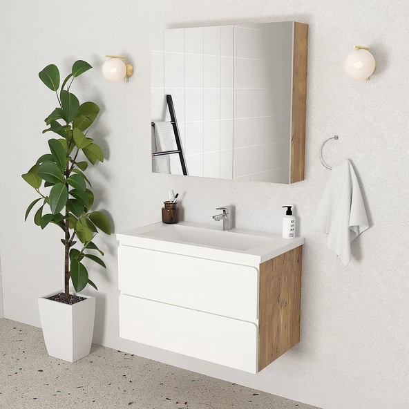 Teta Home Granada 80 cm MDF Gövde Membran Kapak Banyo Dolabı Seti  Atlantik Çam- Beyaz ürün görseli 1