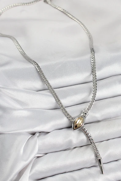 Pirinç Asansörlü Yılan Model Gümüş Renk Kadın Kolye - TJ-BKO10432 - Resim 2