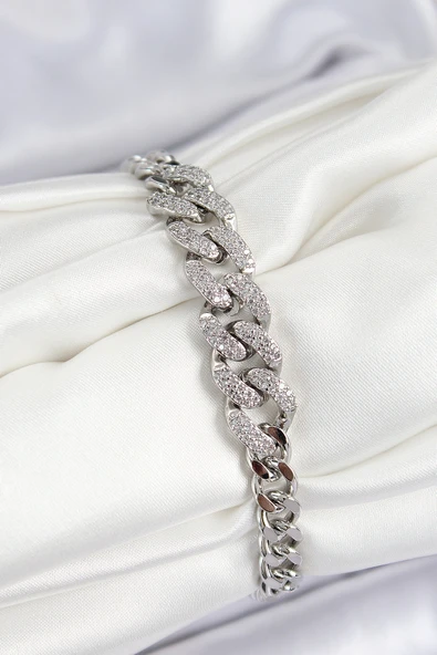 Pirinç Zirkon Taşlı Küba Zincir Model Gümüş Renk Kadın Bileklik - TJ-BB7534 ürün görseli 1