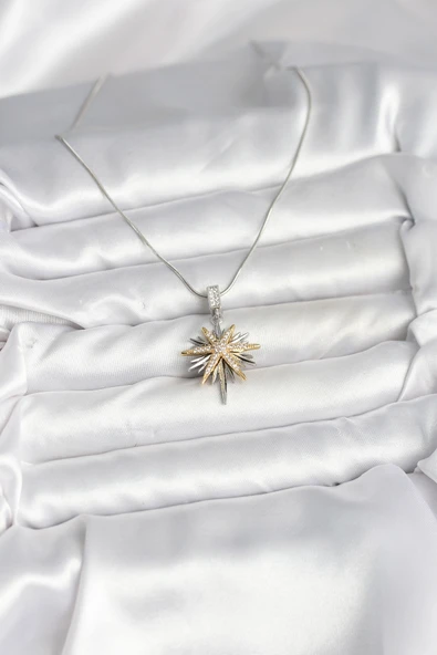 316L Çelik Zincir Gümüş Renk Kutup Yıldızı Model Kadın Kolye - TJ-BKO10726 - Resim 2