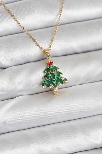 316L Çelik Zincir Gold Renk Çam Ağacı Model Yılbaşı Temalı Kadın Kolye - TJ-BKO10720 ürün görseli 1