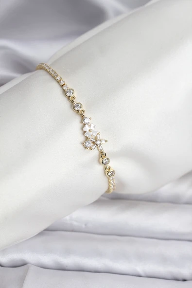 Çiçekli Model Zirkon Taşlı Gold Renk Su Yolu Kadın Bileklik - TJ-BB8110 ürün görseli 1