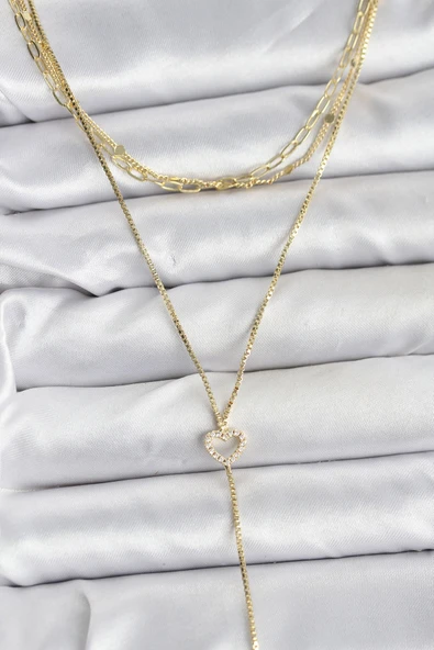 Pirinç Gold Renk Kalp Detaylı 3'lü Kombin Y Kadın Kolye - TJ-BKO10690 ürün görseli 1