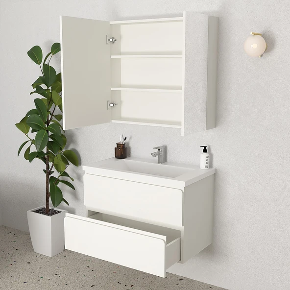 Teta Home Granada 80 cm MDF Gövde Membran Kapak Banyo Dolabı Seti  Beyaz - Resim 2