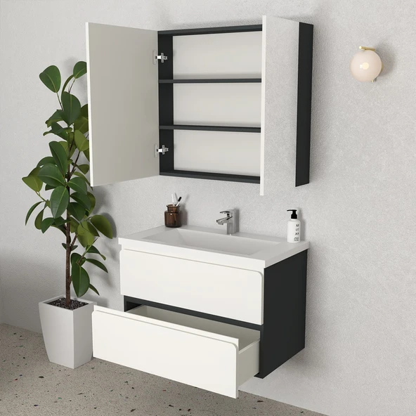 Teta Home Granada 80 cm MDF Gövde Membran Kapak Banyo Dolabı Seti  Antrasit-Beyaz - Resim 2