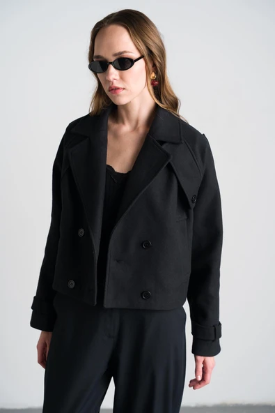 Siyah Kruvaze Kısa Kaban - Resim 7