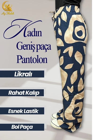Kadın Pamuklu Dokuma Desenli Bol Kesim Geniş Paça Pantolon - Resim 3