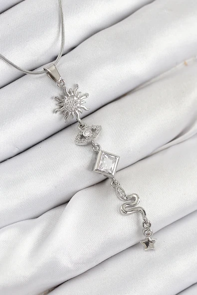 316L Çelik Zirkon Taşlı Güneş Ve Ay Enerji Model Gümüş Renk Kadın Kolye - TJ-BKO10551 ürün görseli 1