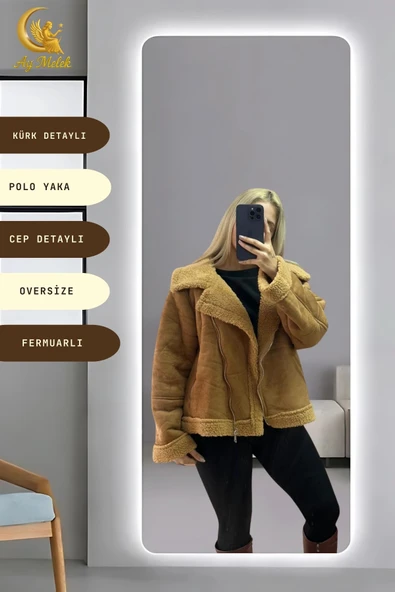 Kadın İçi Peluşlu Kürk Detaylı Fermuarlı Cepli Süet Oversize Mont - Resim 6