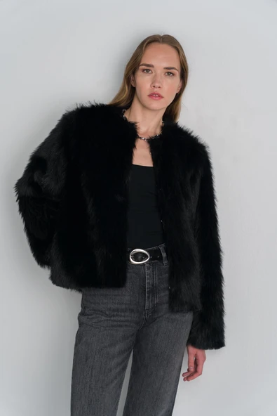 Siyah Kısa Suni Kürk Ceket - Resim 9