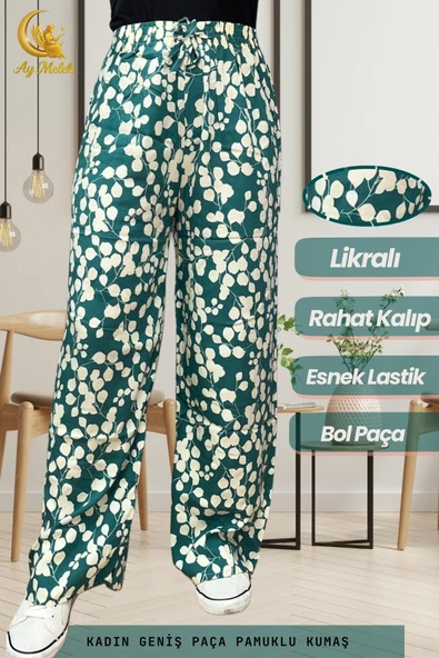 Kadın Pamuklu Dokuma Desenli Bol Kesim Geniş Paça Pantolon - Resim 7