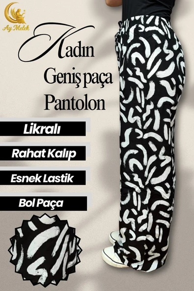 Kadın Pamuklu Dokuma Desenli Bol Kesim Geniş Paça Pantolon - Resim 6