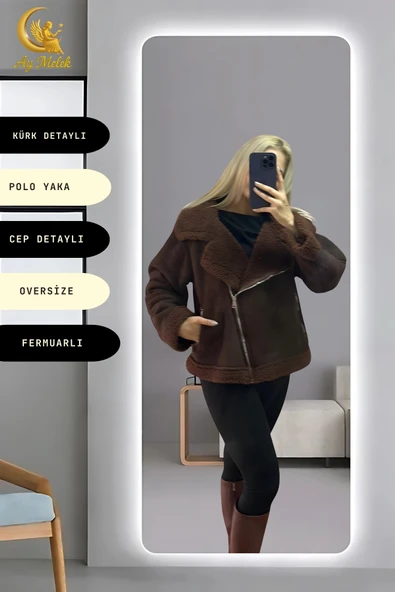 Kadın İçi Peluşlu Kürk Detaylı Fermuarlı Cepli Süet Oversize Mont - Resim 3