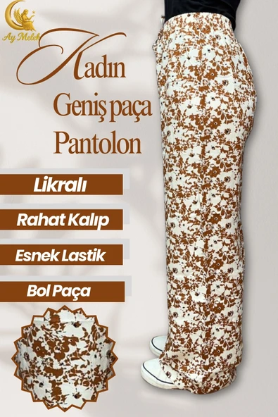 Kadın Pamuklu Dokuma Desenli Bol Kesim Geniş Paça Pantolon - Resim 12