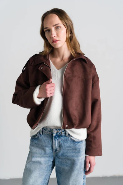 Kahverengi Süet Bomber Ceket - Resim 5