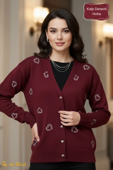 Kadın Triko Hırka Yumuşak V Yaka Kalpli Düğmeli Kazak - Resim 7
