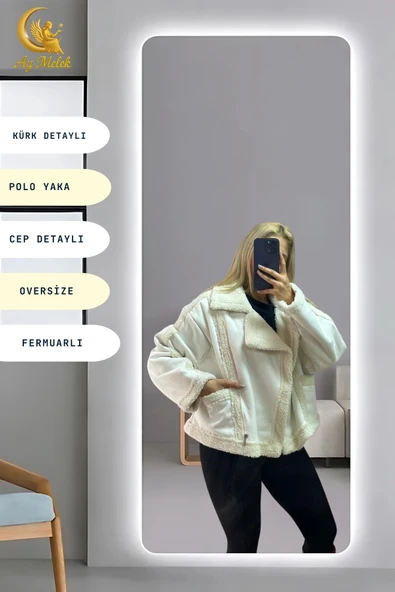 Kadın İçi Peluşlu Kürk Detaylı Fermuarlı Cepli Süet Oversize Mont - Resim 8