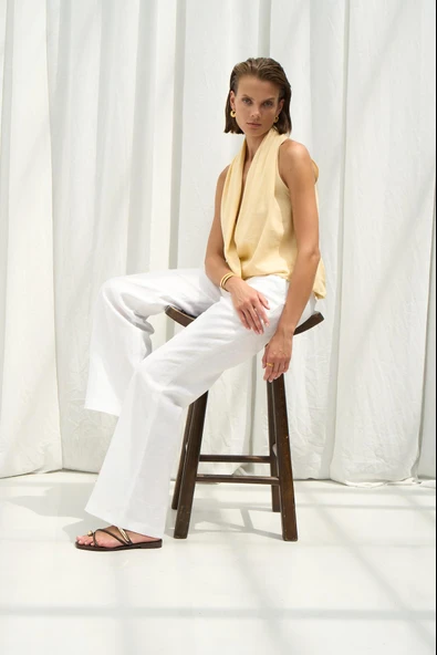 Beyaz Keten Pantolon - Resim 4