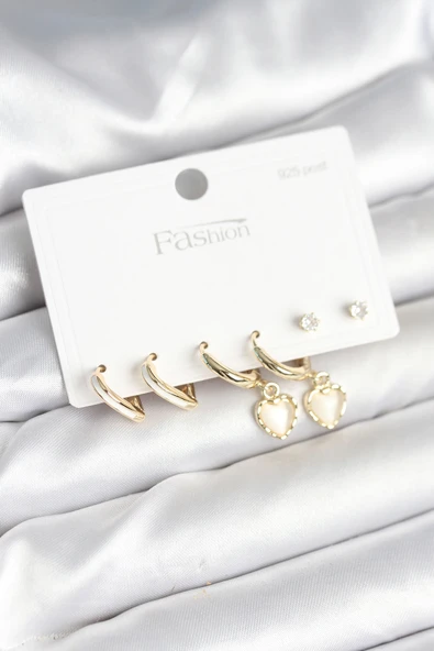 Pirinç Gold Renk Kalp Detaylı 925 Ayar Gümüş Çivili Kadın Küpe Seti - TJ-BKP11258 ürün görseli 1