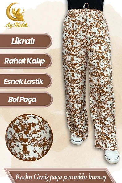 Kadın Pamuklu Dokuma Desenli Bol Kesim Geniş Paça Pantolon - Resim 11