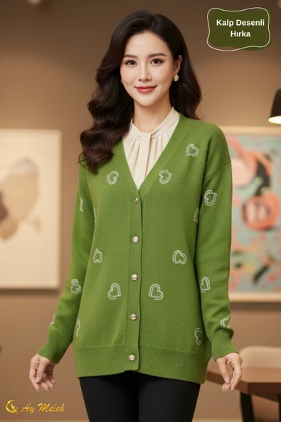 Kadın Triko Hırka Yumuşak V Yaka Kalpli Düğmeli Kazak - Resim 11