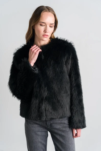Siyah Kısa Suni Kürk Ceket - Resim 7