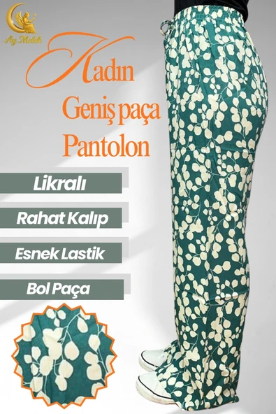 Kadın Pamuklu Dokuma Desenli Bol Kesim Geniş Paça Pantolon - Resim 9