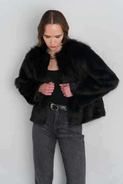 Siyah Kısa Suni Kürk Ceket - Resim 5