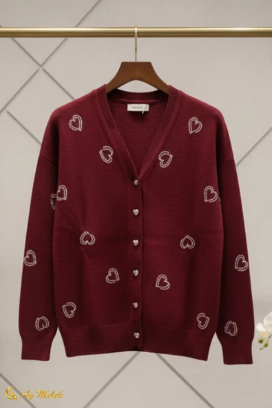 Kadın Triko Hırka Yumuşak V Yaka Kalpli Düğmeli Kazak - Resim 9