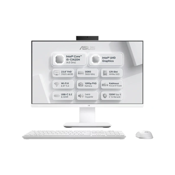 Asus V400 i5-13420H 32GB 512GB SSD 23.8" FHD Freedos Beyaz All In One Bilgisayar + Kablosuz Klavye/Mouse V440VAK-I58512W0D 002 ürün görseli 1