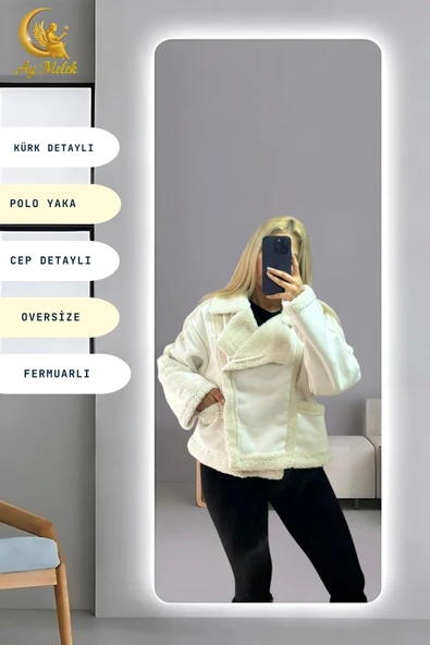 Kadın İçi Peluşlu Kürk Detaylı Fermuarlı Cepli Süet Oversize Mont - Resim 10