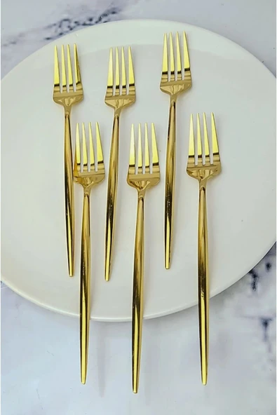 6 Adet Lüx Şık Paslanmaz Çelik Gold Titanyum Kaplama Yemek Çatalı ürün görseli 1