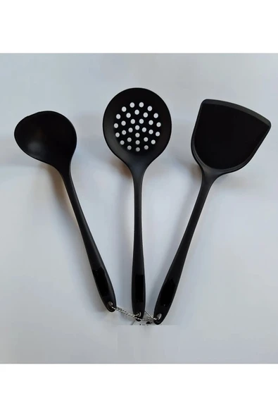 Yanmaz Yapışmaz Silikon Kaplama 3 lü Mutfak Yemek Hazırlık Seti Kepçe Kevgir Spatula - Resim 2
