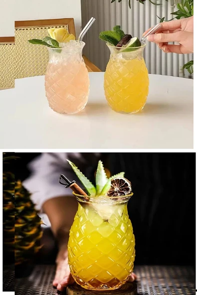 1 Adet Ananas Cam Kokteyl Sunum Bardağı Cam Pipetli Kahve Soğuk İçecek Bardak ürün görseli 1