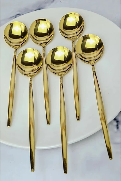 6 Adet Lüx Şık Paslanmaz Çelik Gold Renk Titanyum Kaplama Yemek Kaşığı - Resim 3