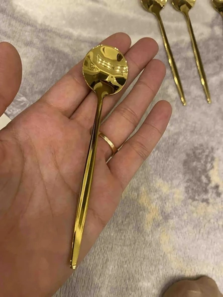 6 Adet Şık Parlak Gold Paslanmaz Titanyum Çelik Çay Kaşığı Kararmaz - Resim 4
