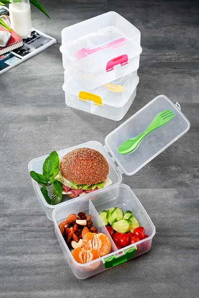 Şeffaf 3 Bölmeli 2 Katlı Çatal Kaşıklı Beslenme Kabı - Diyet Kabı Piknik Kutusu ürün görseli 1