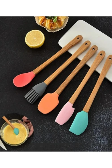 5'li Renkli Ahşap Saplı Silikon Uçlu Spatula Fırçalı Kaşık Seti -Yemek Hazırlık Seti 21 Cm - Resim 3