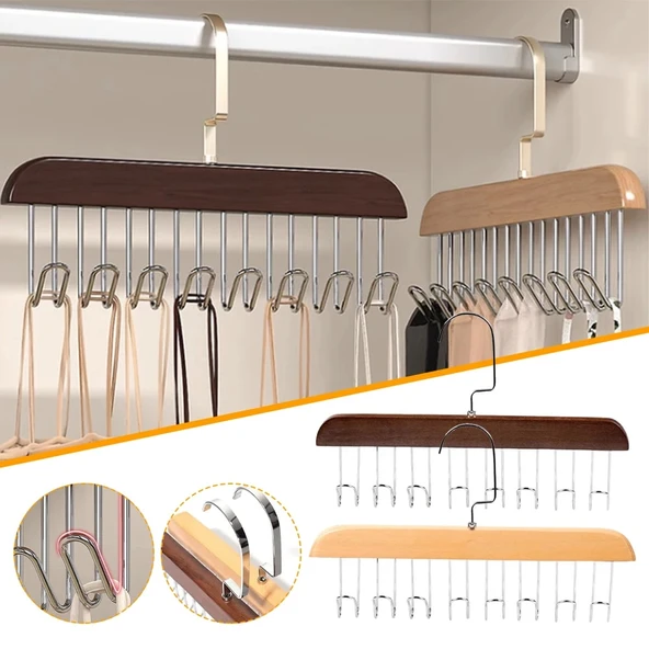 8 Kancalı Askı Çok Fonksiyonlu Ahşap Kemer Kravat Eşarp Dolap Askısı ürün görseli 1