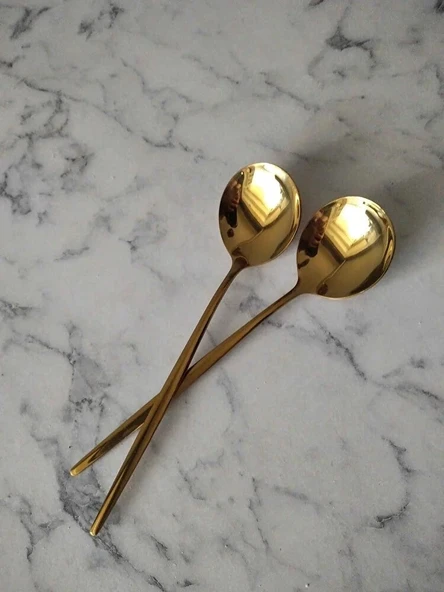 6 Adet Lüx Şık Paslanmaz Çelik Gold Renk Titanyum Kaplama Yemek Kaşığı - Resim 2