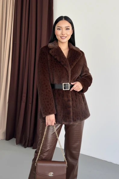 Leopar Desenli Kürk Görünümlü Geniş Yakalı Kemerli Mont ürün görseli 1