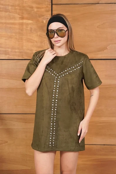 Süet Askılı/Kısa Kollu Çivi Detaylı Mini Elbise - Resim 5