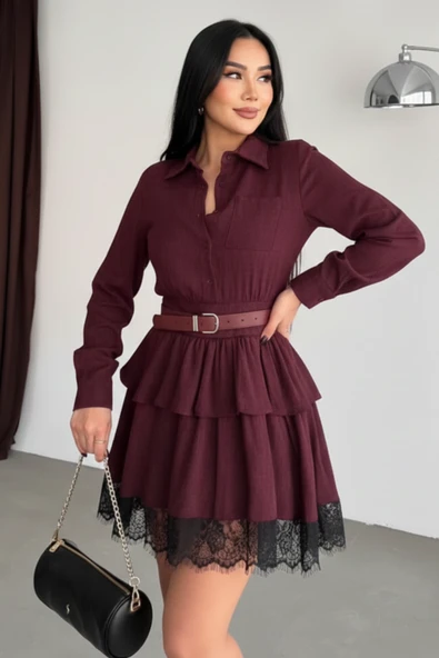 Dantel Detaylı Bordo Fırfırlı Gömlek Elbise - Resim 7