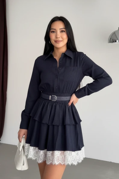 Dantel Detaylı Bordo Fırfırlı Gömlek Elbise - Resim 3