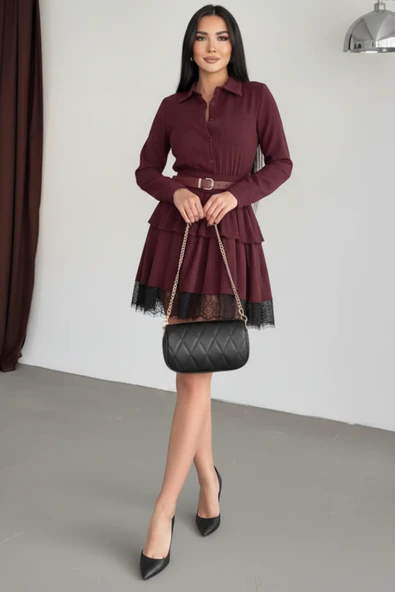 Dantel Detaylı Bordo Fırfırlı Gömlek Elbise - Resim 5