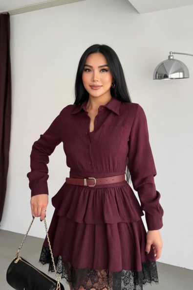 Dantel Detaylı Bordo Fırfırlı Gömlek Elbise - Resim 6