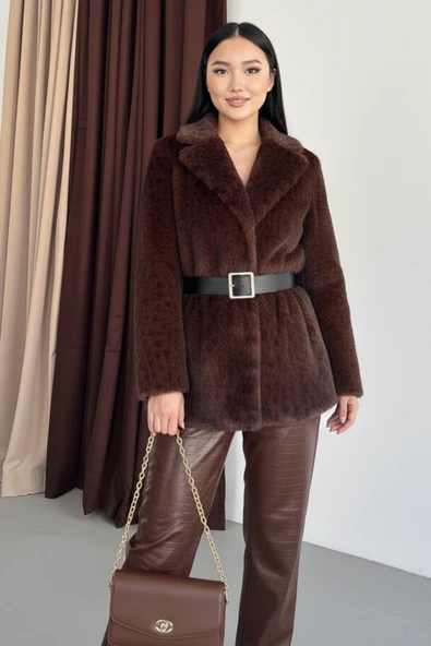 Leopar Desenli Kürk Görünümlü Geniş Yakalı Kemerli Mont - Resim 4