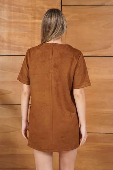 Süet Askılı/Kısa Kollu Çivi Detaylı Mini Elbise - Resim 4